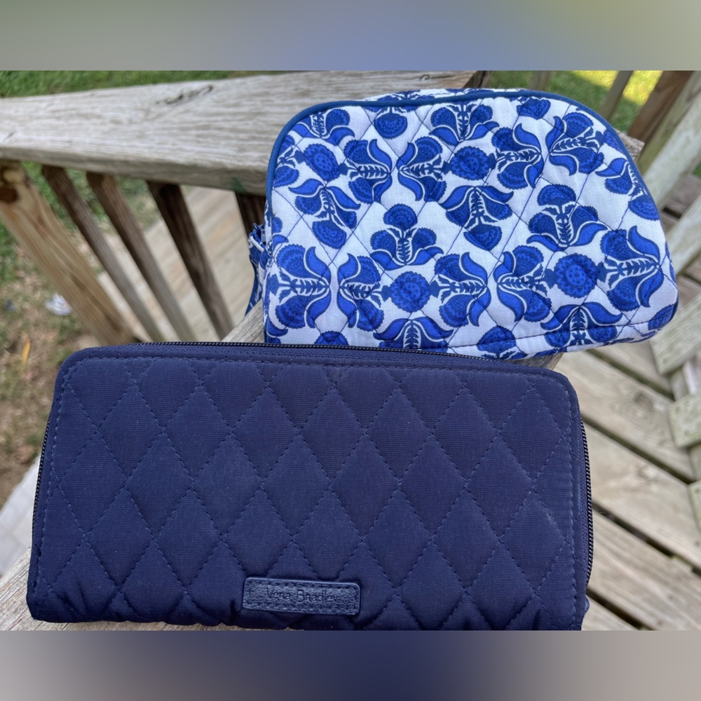 Vera Bradley Quilted Black Wallet with Cobalt Blue Tile Make-up  Pouch